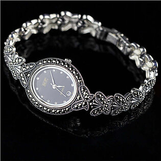 Women Silk Sterling Silver Inlaid Butterfly Tempered Glass Wrist Watch