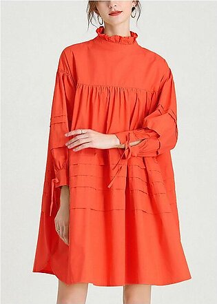 Fashion Orange Long sleeve Spring Cotton Dress
