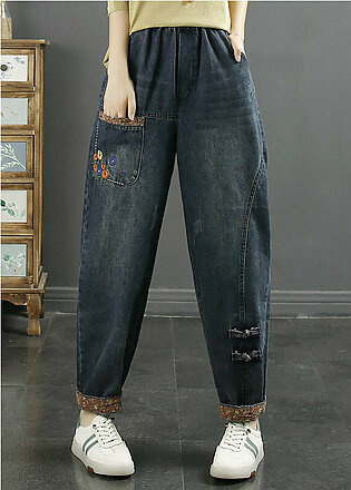 Loose Denim Blue Embroidered Pockets Elastic Waist Jeans Fall
