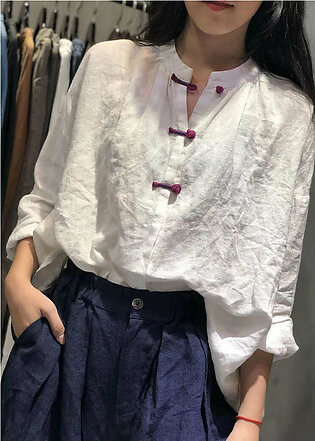 Bohemian white stand collar linen box top Chinese Button Plus Size Clothing fall top