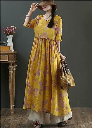 Natural Yellow Print Linen Cinched Summer Dress