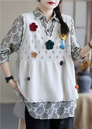 Casual Beige Embroidered Hollow Out Fall Knit Vest Sleeveless