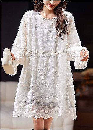 Loose White Solid Embroideried Nail Bead Lace Mid Dress Spring