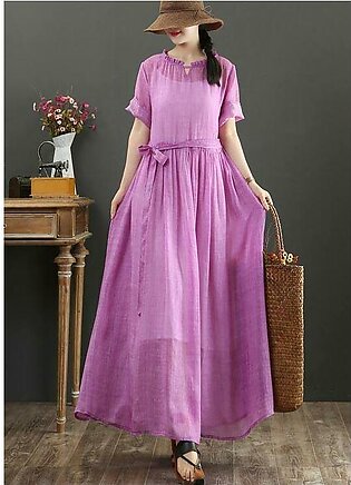 Fitted Pink Purple Bow O-Neck Summer Linen Dress