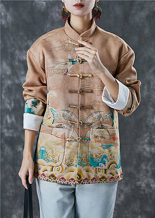 Khaki Print Cotton Chinese Style Tops Chinese Button Spring