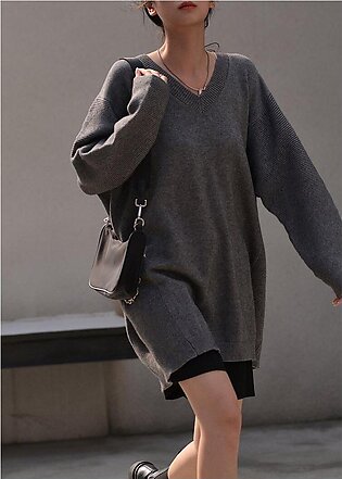 Women fall dark gray sweaters oversized v neck Blouse
