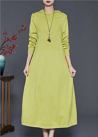 Grass Green Silm Fit Knit Dresses Hooded Spring