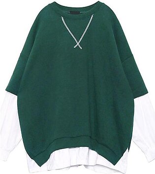 Women green cotton clothes false two pieces Dresses o neck top