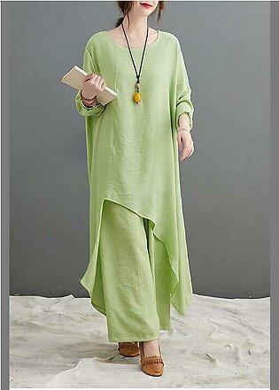 Green Suit Spring Long Top Casual Wide Leg Pants Two Pieces