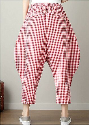 fashion casual red plaid cotton crop pants loose elastic waist pants