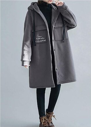 Fine gray embroidery women parka oversize winter jacket hooded pockets outwear