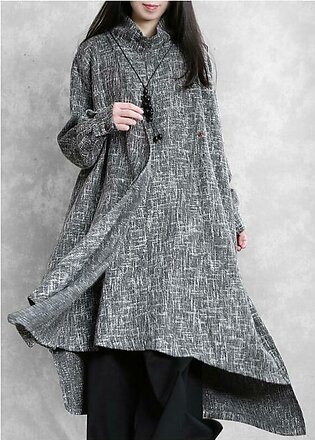 Beautiful gray Plaid linen clothes high neck asymmetric Traveling Dresses