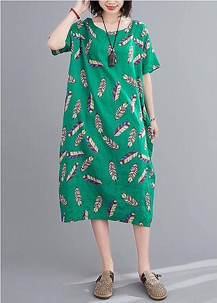 Beautiful green Feather print clothes o neck cotton robes Dresses