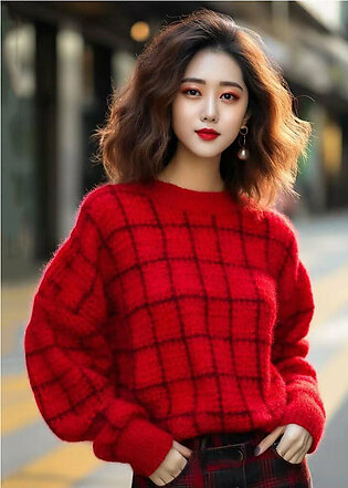 Women Red O Neck Cozy Cotton Knit Sweaters Long Sleeve