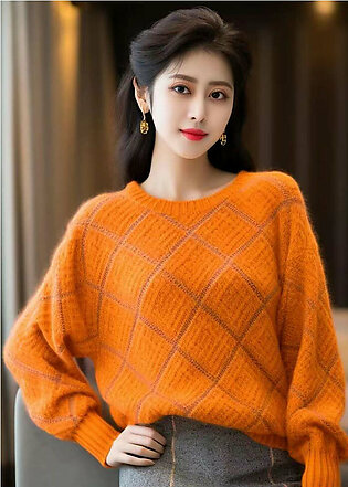 Women Orange O Neck Patchwork Cozy Cotton Knit Sweaters Winter
