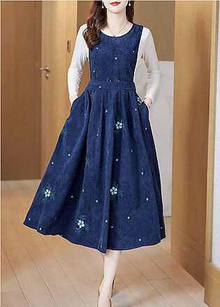 Women Embroideried Slim Fit Corduroy A Line Dress Two Pieces Set Spring