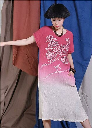 Women red embroidery linen quilting clothes Gradient color Traveling Dresses