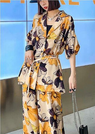 Fashion Yellow Print Two Piece Suit