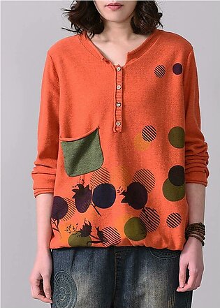 Vintage long sleeve v neck knit blouse trendy plus size fall prints sweaters orange