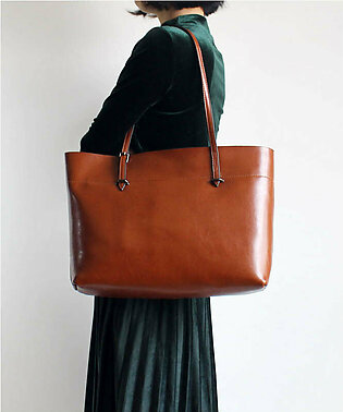 Handmade Brown Solid Color Calf Leather Shopping Bag Satchel Handbag