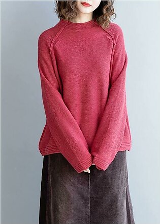 Women red knitted pullover o neck Button Down oversized knitwear