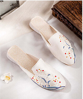White Embroideried Cotton Fabric Chinese Style Splicing Flat Slide Sandals