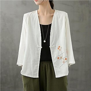 Chic v neck Chinese Button crane tops pattern white shirts