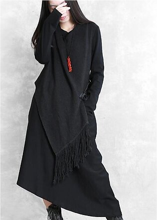 Organic black cotton quilting clothes false two pieces A Line asymmetric Dresses