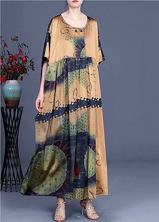 Yellow Print Cinched Summer Silk Party Dresses