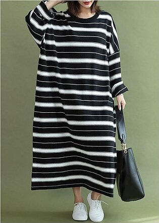 DIY o neck baggy cotton quilting clothes Sewing black white striped Maxi Dress fall