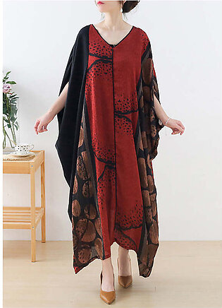 Loose Red V Neck Asymmetrical Design Patchwork Chiffon Dresses Batwing Sleeve
