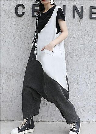 Strap  retro black gray patchwork overalls casual pants jeans women