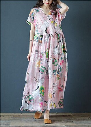 Women v neck Cinched linen Robes Fashion Ideas pink print Dress