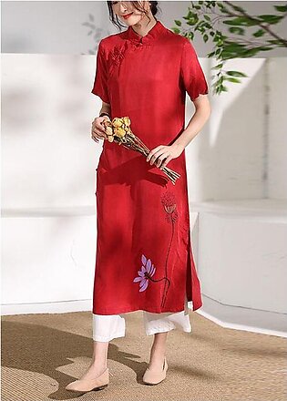 Vivid stand collar Chinese Button tunic dress Fabrics red print Maxi Dresses