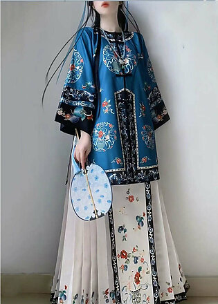 Chinese Style Blue Print Wrinkled Patchwork Silk Two Pieces Set Spring