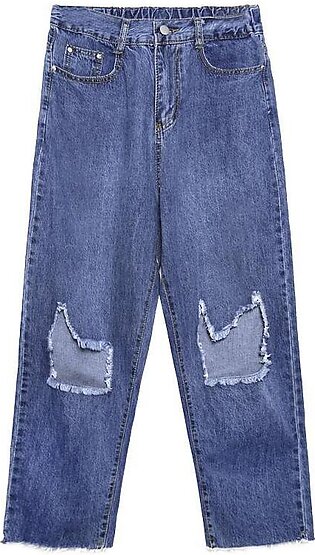 denim blue 2019 new high waist straight pants elastic waist ripped Jeans
