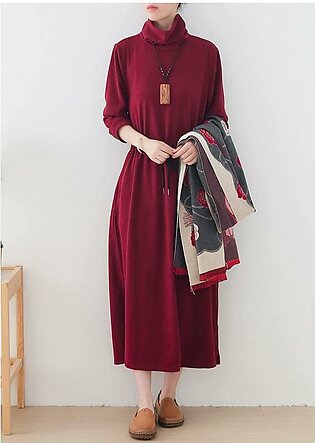 Modern burgundy quilting clothes high neck drawstring robes Dresses