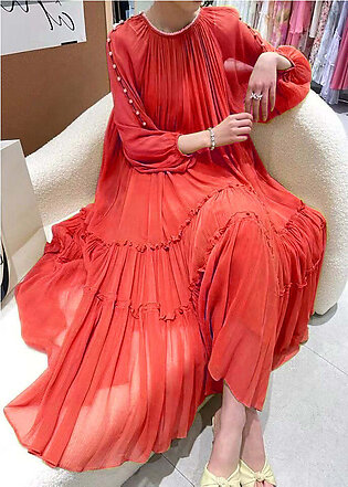 Elegant Red Nail bead Ruffled Silk Dress 2023