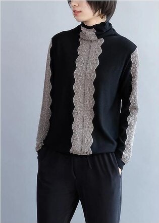 Oversized black knit sweat tops fall fashion high neck knitted t shirt