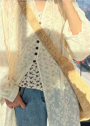 Italian Beige Hollow Out Embroidered Patchwork Lace Cardigan Fall