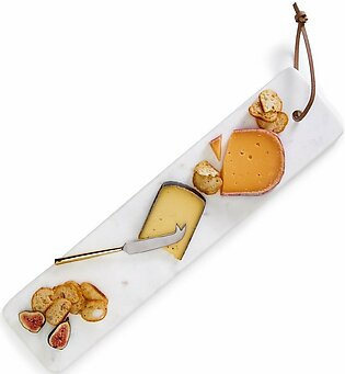 Elongated Solid Marble Serving Tray With Cheese Knife In White