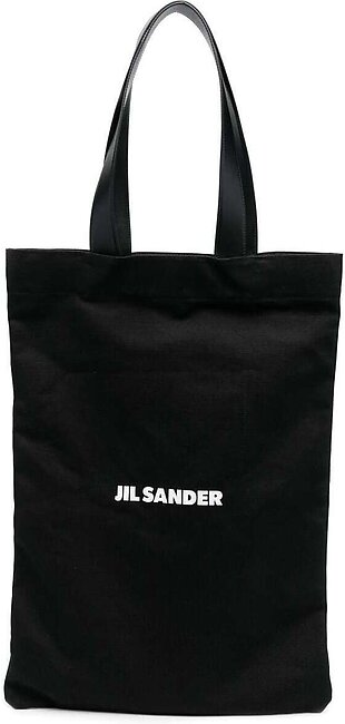 Black Tote Bag With Logo Print In Canvas Woman