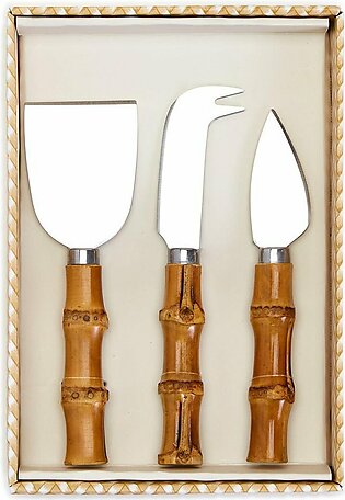Set Of 3 Natural Bamboo Cheese Knives In Gift Box In Beige