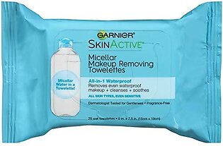garnier SkinActive Micellar Facial cleanser Makeup Remover Wipes for Waterproof Makeup (25 Wipes), 1 count (Packaging May Vary)
