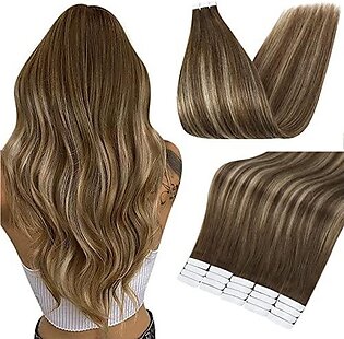 Full Shine Tape In Human Hair Extensions Remy Hair 16 Inch Balayage color 4244 Medium Brown Highlighted Seamless Skin Weft Hair Extensions 20 Pieces 50 grams