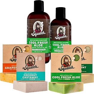 Dr Squatch Mens Bar Soap and Hair care BEAcH Expanded Pack: Mens Natural Bar Soap: coconut castaway, cool Fresh Aloe Shampoo and conditioner Set, cool Fresh Aloe, grapefruit IPA, Spearmint Basil