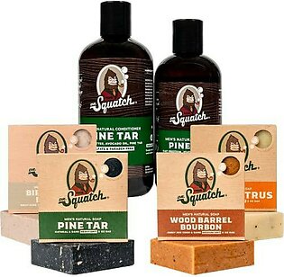 Dr Squatch Mens Bar Soap Forest Expanded Pack: Mens Natural Bar Soap: Pine Tar Bar Soap, Wood Barrel Bourbon, Birchwood Breeze, Cedar Citrus, And Pine Tar Hair Care Shampoo And Conditioner
