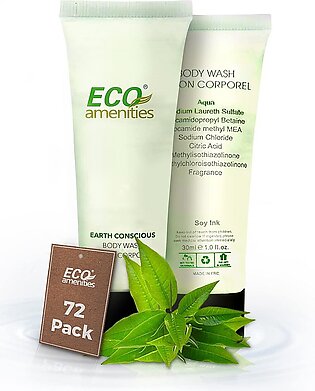 Eco Amenities Travel Size Body Wash - 72 Pack, 1 oz Small Tubes with Flip Cap, Green Tea Scent, Bulk Case of Individually Packaged Hotel Size Toiletries, Mini Body Wash for Guests of Airbnbs, BNBs, VRBO, Inns and Hotels