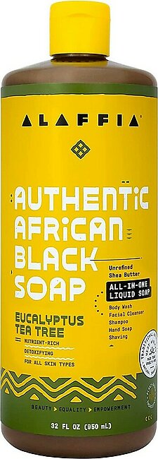 Alaffia Skin Care, Authentic African Black Soap, All in One Liquid Soap, Acne Face Wash, Moisturizing Body Wash, Shampoo, Shaving Soap, Shea Butter, Eucalyptus Tea Tree, 32 Fl Oz