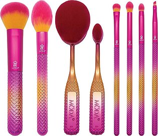 MODA Sunset Prismatic 8PC Full Face Makeup Brush Set, Includes Oval Foundation, oval contour, domed kabuki, pointed powder, crease, shader, detail, and angle liner brushes
